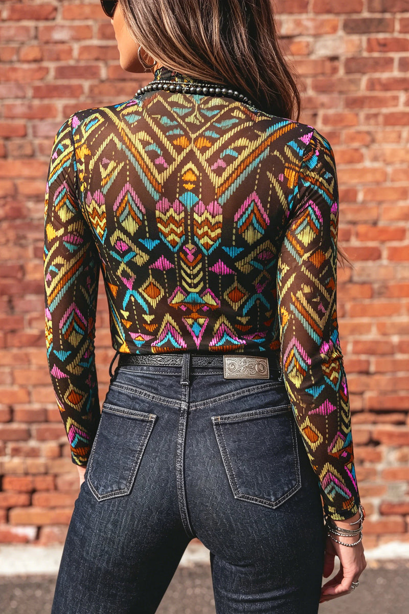 Load image into Gallery viewer, DLLS799 - Ladies Color black Abstract Print Long Sleeve Stand Neck Mesh Top
