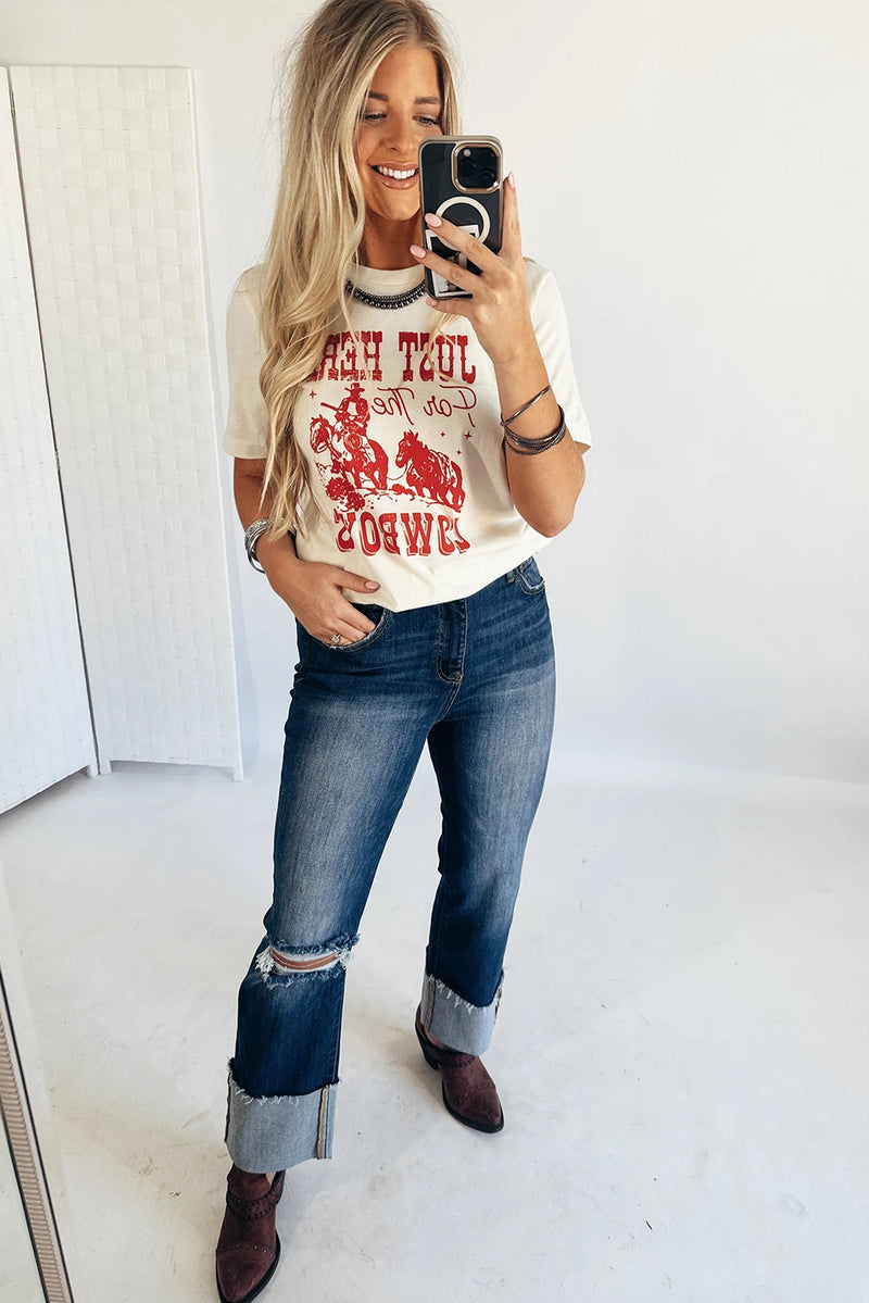 Load image into Gallery viewer, DLLS759 - Ladies White JUST HERE For THE COWBOY Cuffed Sleeve Crew Neck T Shirt
