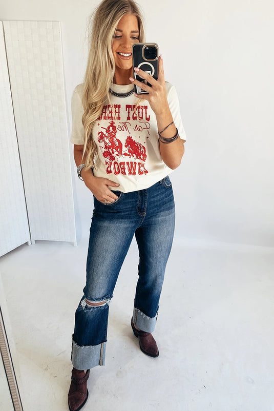 DLLS759 - Ladies White JUST HERE For THE COWBOY Cuffed Sleeve Crew Neck T Shirt