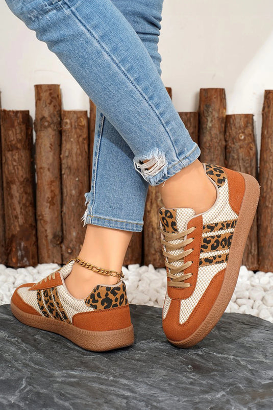 DLLSHOE 1 - Buckskin Checkered Leopard Color Block Patchwork Lace Up Sneakers