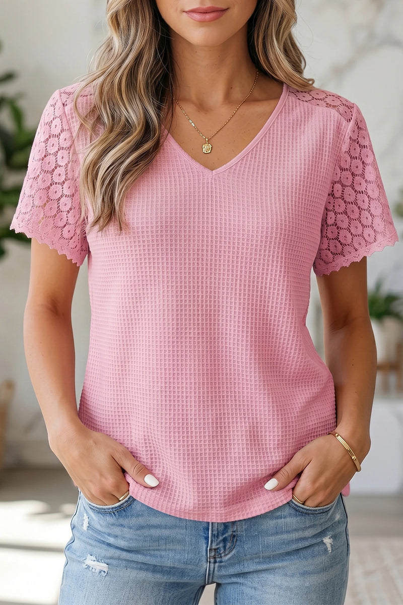 Load image into Gallery viewer, DLLS709 - Ladies Pink Lace Splicing Button Cutout V Neck Waffle Knit Blouse
