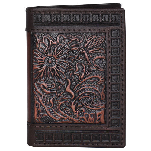 23205322W11 - Justin Men's Genuine Leather Trifold Wallet W/ Tooling And Embossed Edge