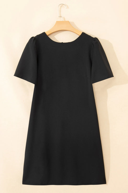 DLLS597 - Ladies Black Bow Decor Backless Short Sleeve Shift Mini Dress