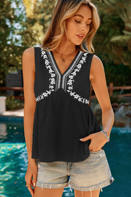 DLLS705 - Ladies Black Floral Embroidered V Neck Sleeveless Casual Shift Top