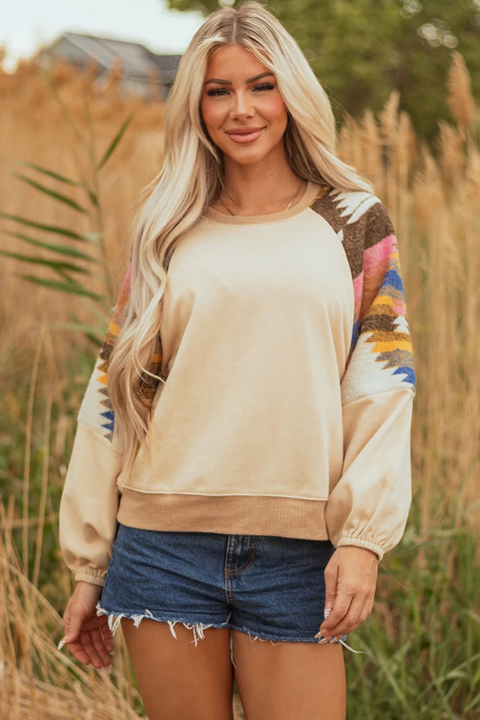 DLLS749 - Ladies Light French Beige Aztec Patchwork Raglan Pullover Sweatshirt