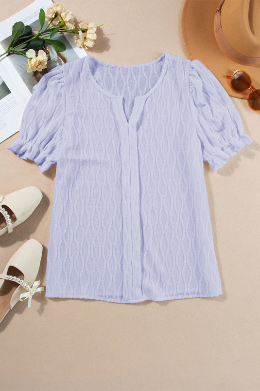 DLLS359 - Ladies Lilac Solid Color Textured Notched Neck Puff Sleeve Blouse