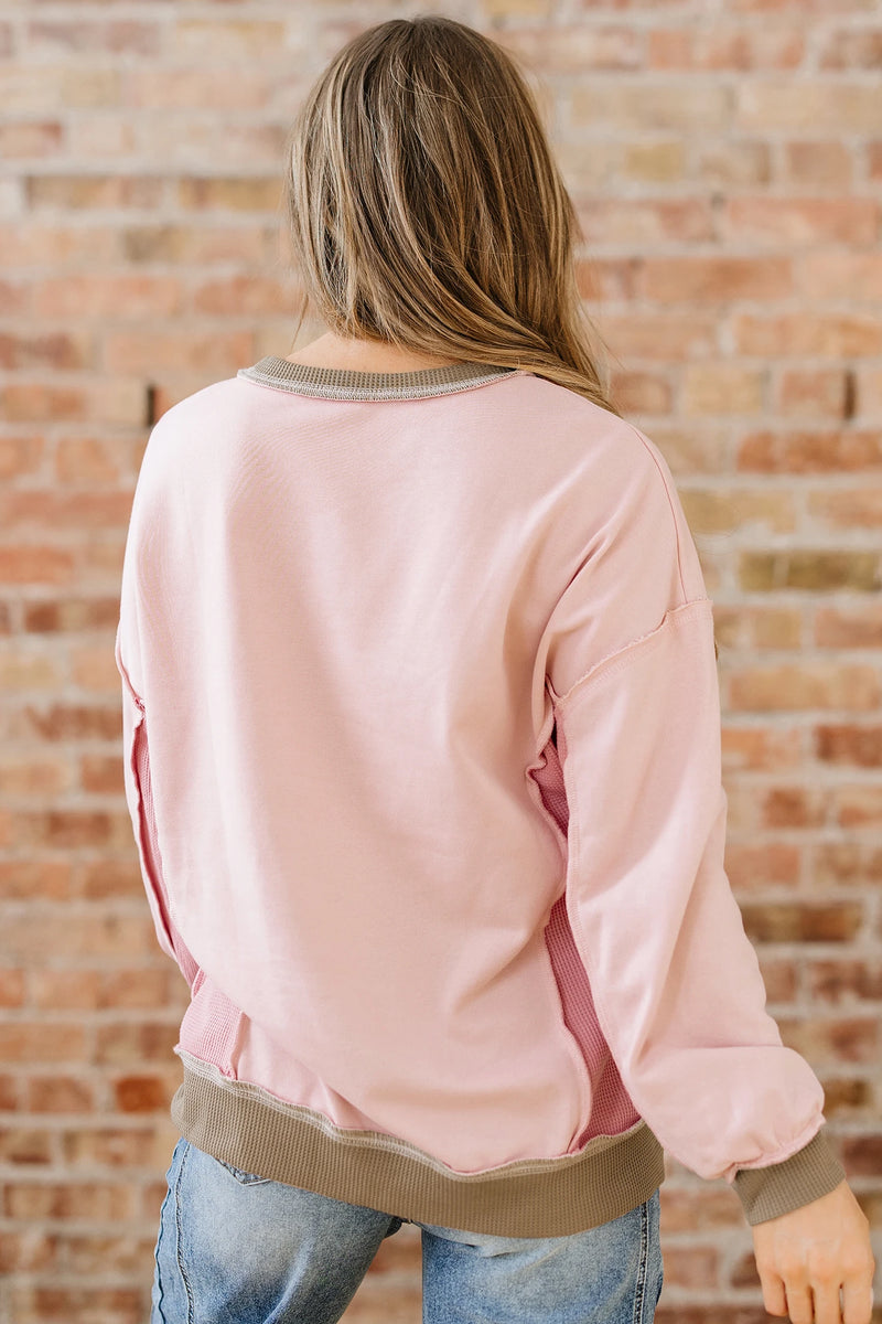 Load image into Gallery viewer, DLLS360 - Ladies Light Pink Color Block Mix Texture Waffle Patchwork Oversize Sweatshirt
