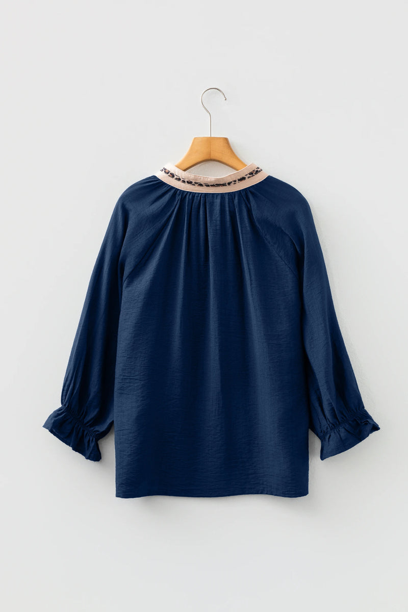 Load image into Gallery viewer, DLLS385- Ladies Blue Leopard Trim V Neck Flounced Bracelet Sleeve Blouse
