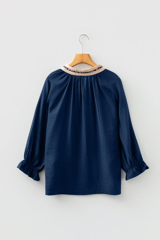 DLLS385- Ladies Blue Leopard Trim V Neck Flounced Bracelet Sleeve Blouse