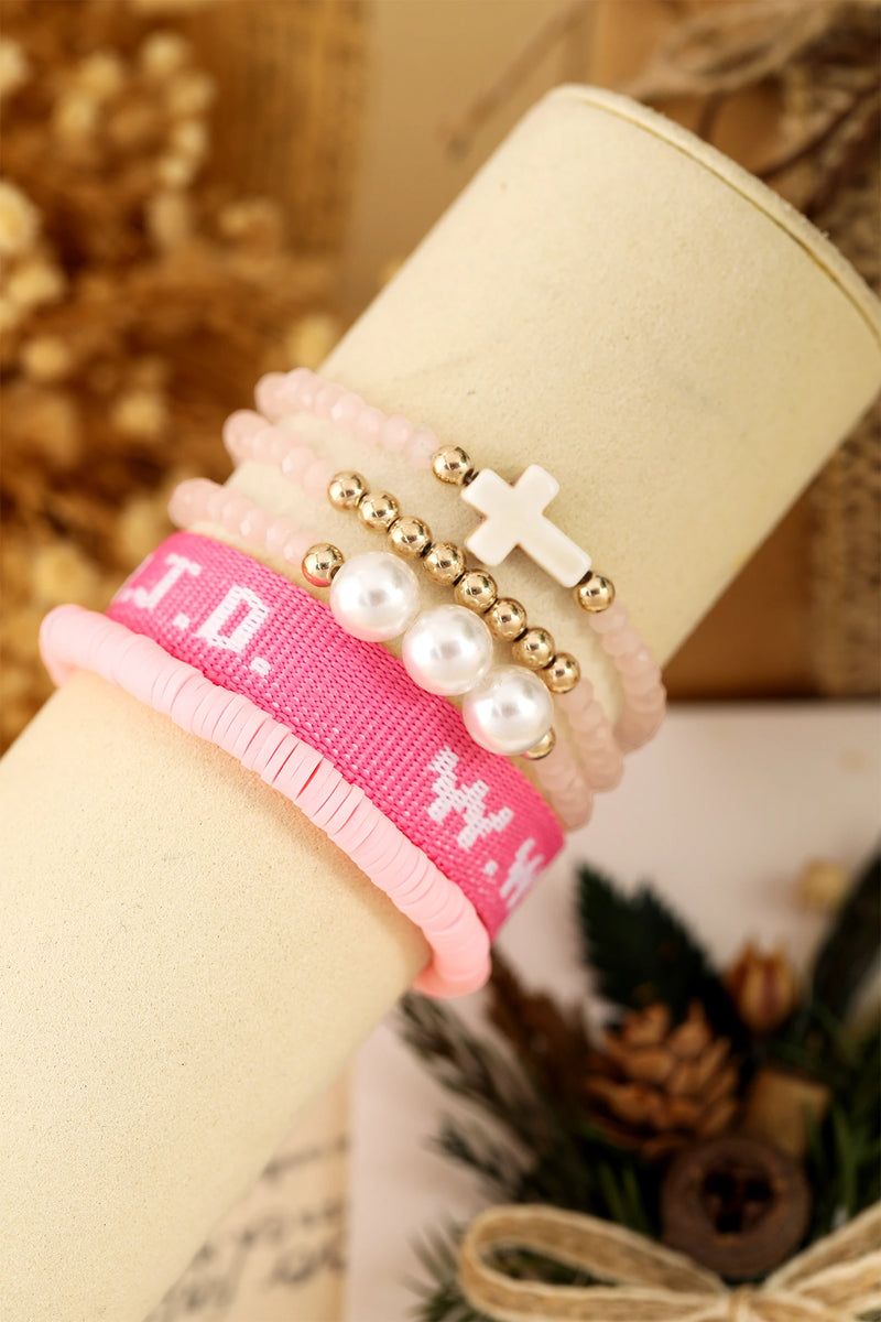 Load image into Gallery viewer, DLLBC 25 - Pink WWJD Faith Prompt Mix Beading 5pcs Bracelet Set

