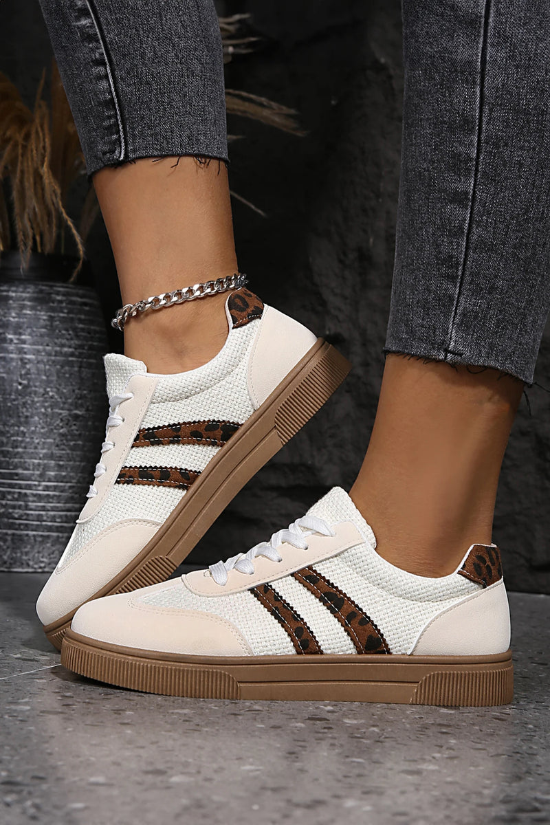 Load image into Gallery viewer, DLLSHOE 28 - White Textured Woven PU Leather Leopard Patchwork Flat Sneakers
