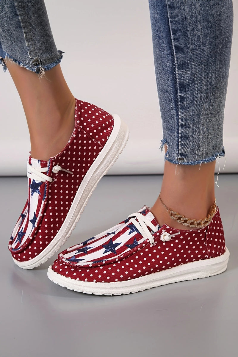 Load image into Gallery viewer, DLLSHOE 202 - Racing Red Polka Dot Stars and Stripes Independent Day Casual Shoes
