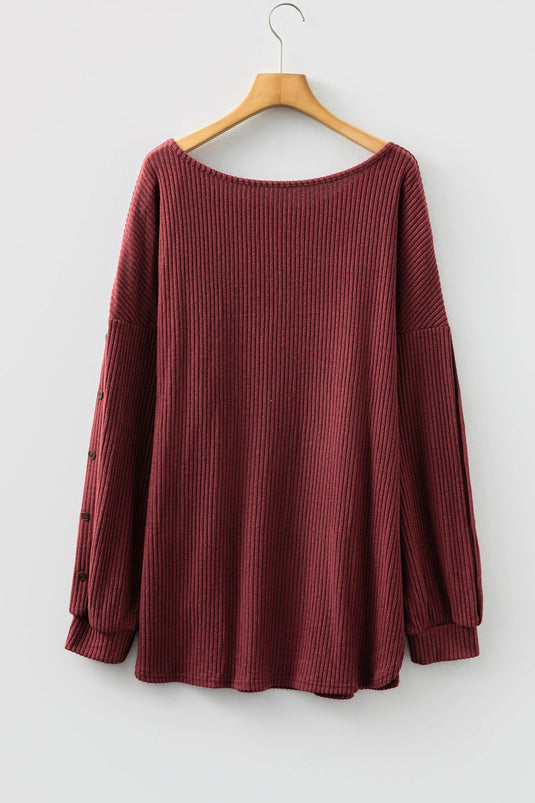DLLS238 - Ladies Wild Ginger Plus Size Ribbed Button Decor Long Sleeve Loose Top