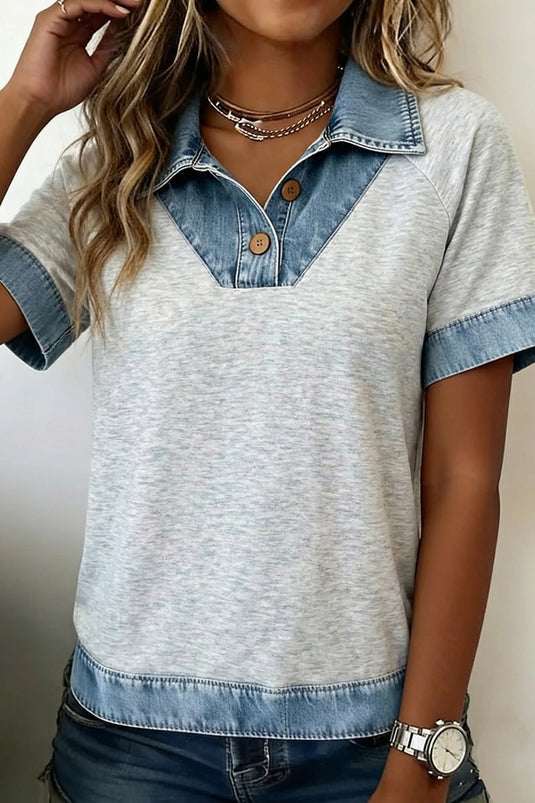 DLLS672 - Ladies Light Grey Denim Contrast Collar Cuffed Short Sleeve Top