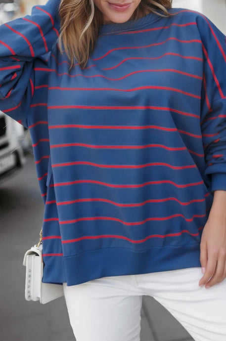 DLLS231 - Ladies Blue Stripe Stylish Overlap Detail Drop Shoulder Pullover Sweatshirt