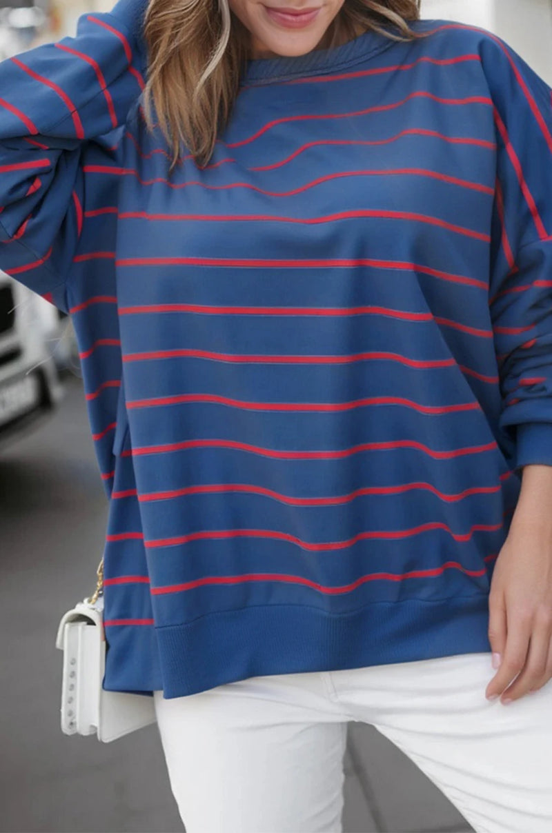 Load image into Gallery viewer, DLLS231 - Ladies Blue Stripe Stylish Overlap Detail Drop Shoulder Pullover Sweatshirt
