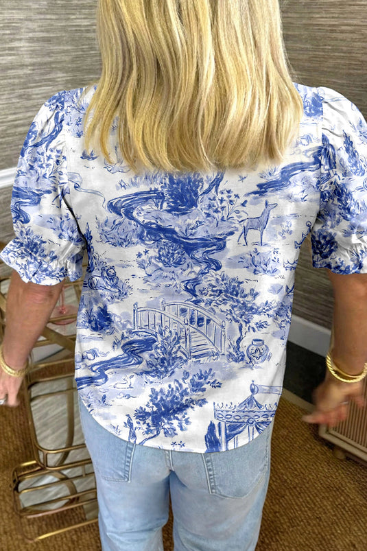 DLLS603 - Ladies Blue Wild Animal Paradise Striped Detail V Neck Blouse
