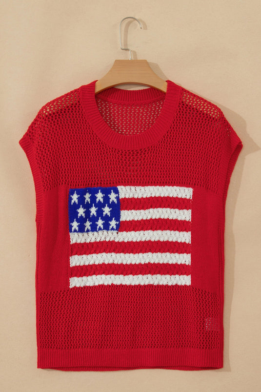 DLLS623 - Ladies Fiery Red Flag Graphic Short Sleeve Sweater Top