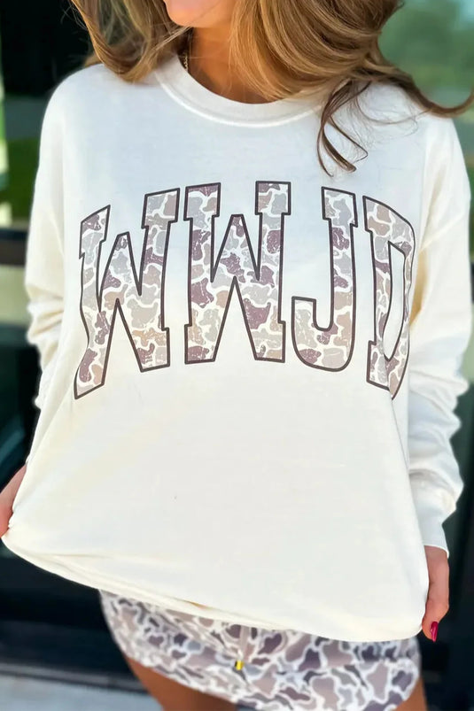 DLLS464 - Ladies White WWJD Camo Letter Printed Long Sleeve Top