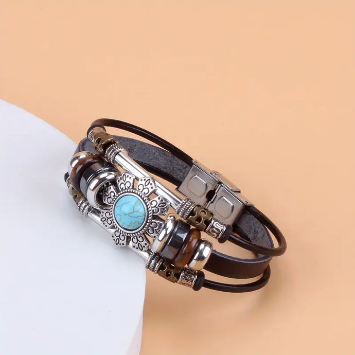 TMBC26 - Black Beaded PU Leather Bracelet w/Turq. Mosaic