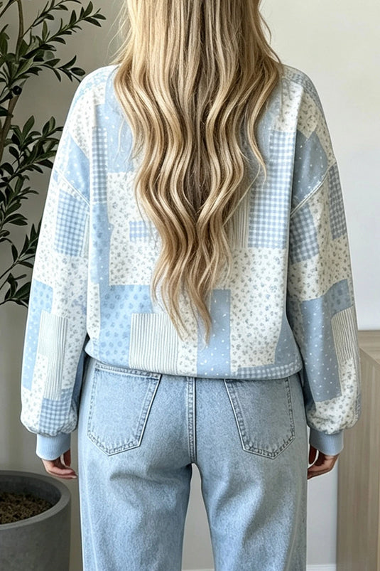 DLLS950 - Ladies Sky Blue Patchwork Floral Print Mock Neck Long Sleeve Sweatshirt