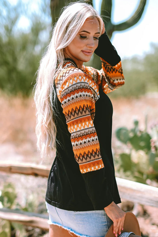DLLS744 - Ladies Orange Geo Print Raglan Patchwork Long Sleeve Tee