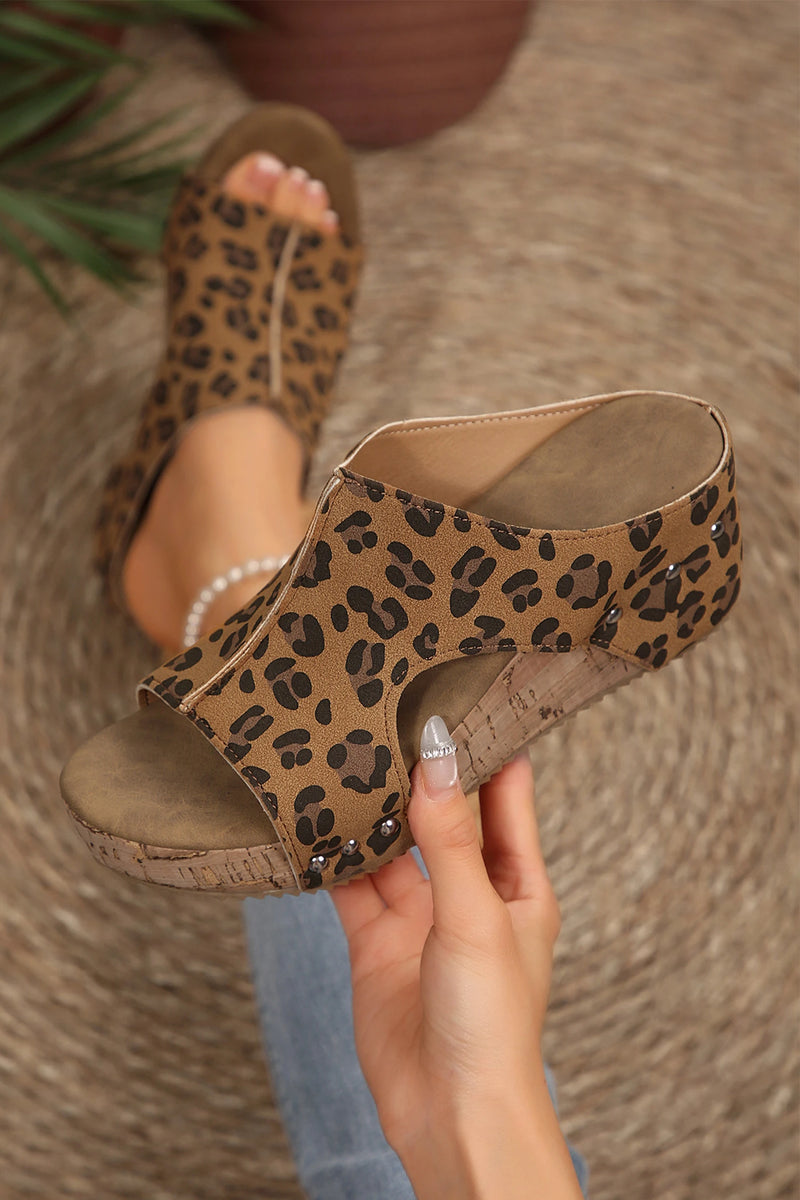 Load image into Gallery viewer, DLLSHOE 72  - Chestnut Leopard Faux Suede Studded Cutout Wedge Slippers
