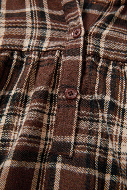 DLLS327 - Ladies Brown Plaid Patchwork Long Sleeve Button Hooded Blouse