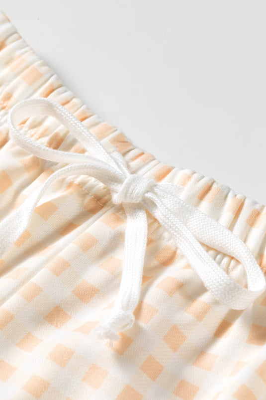 DLLS770 - Ladies Yellow Plaid Baggy Pullover Drawstring Casual Shorts 2pcs Outfit