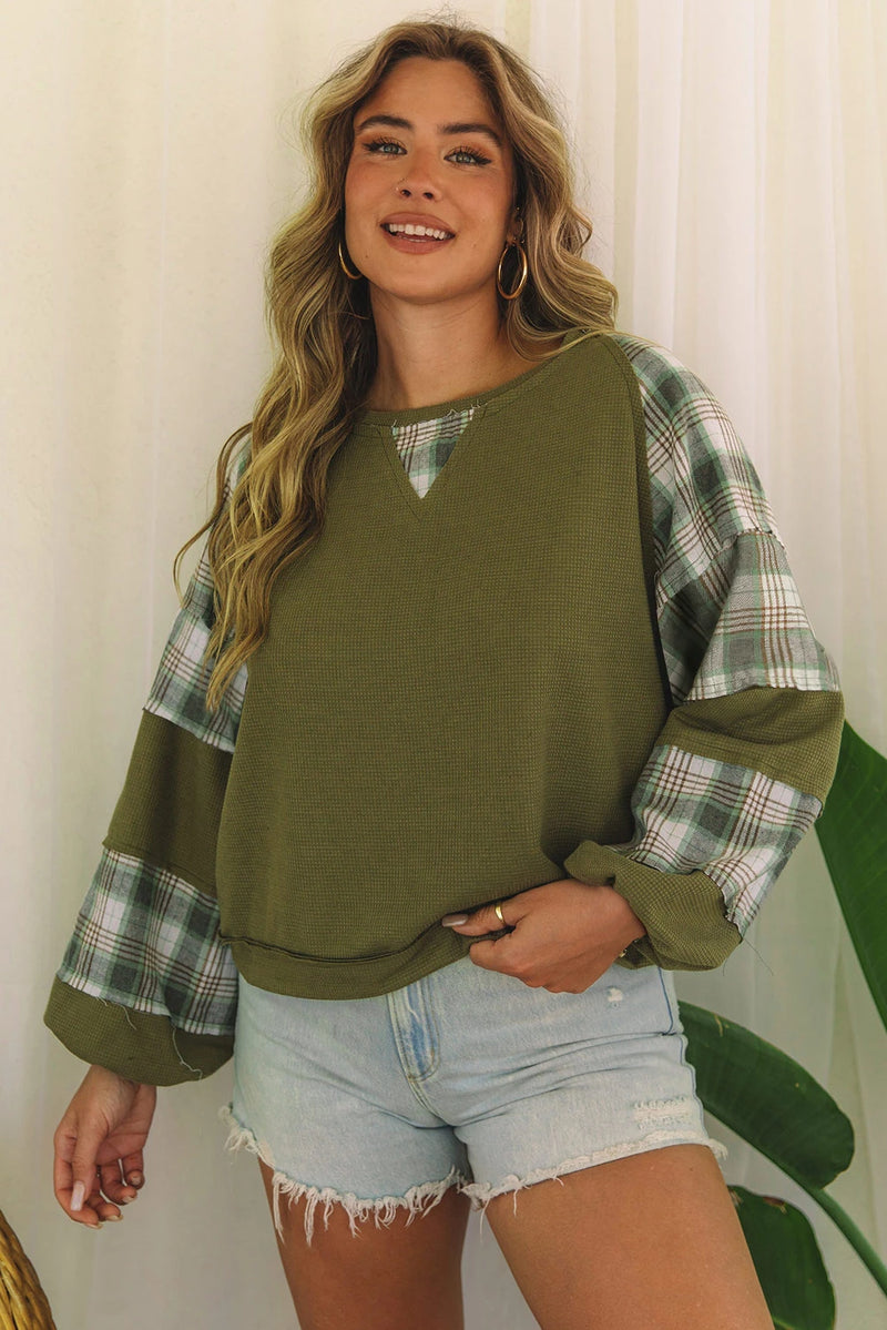 Load image into Gallery viewer, DLLS1145 - Ladies Green Plaid Patch Waffle Knit Exposed Seam Bubble Sleeve Top
