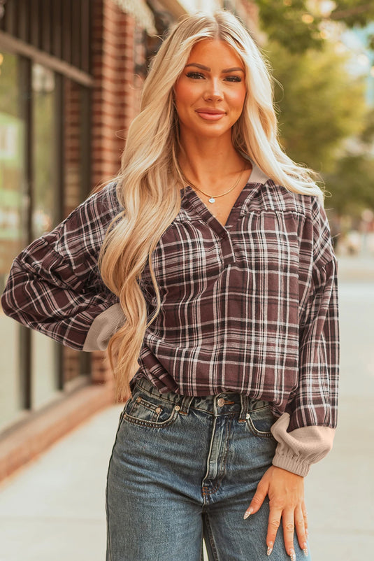 DLLS327 - Ladies Brown Plaid Patchwork Long Sleeve Button Hooded Blouse
