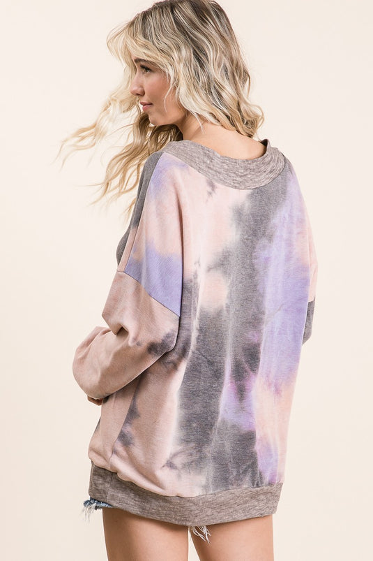 BIBI1- Ladies Tie Dye French Terry V Neck Top With Contrast Band