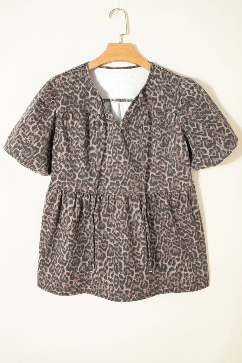 Load image into Gallery viewer, DLLS940 - Ladies Brown Leopard Tie Neck Short Puff Sleeve Denim Babydoll Top
