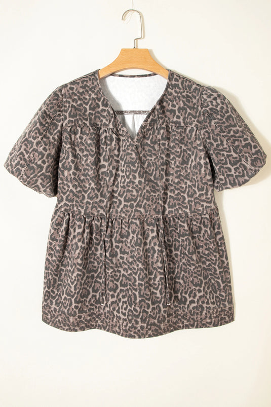 DLLS940 - Ladies Brown Leopard Tie Neck Short Puff Sleeve Denim Babydoll Top