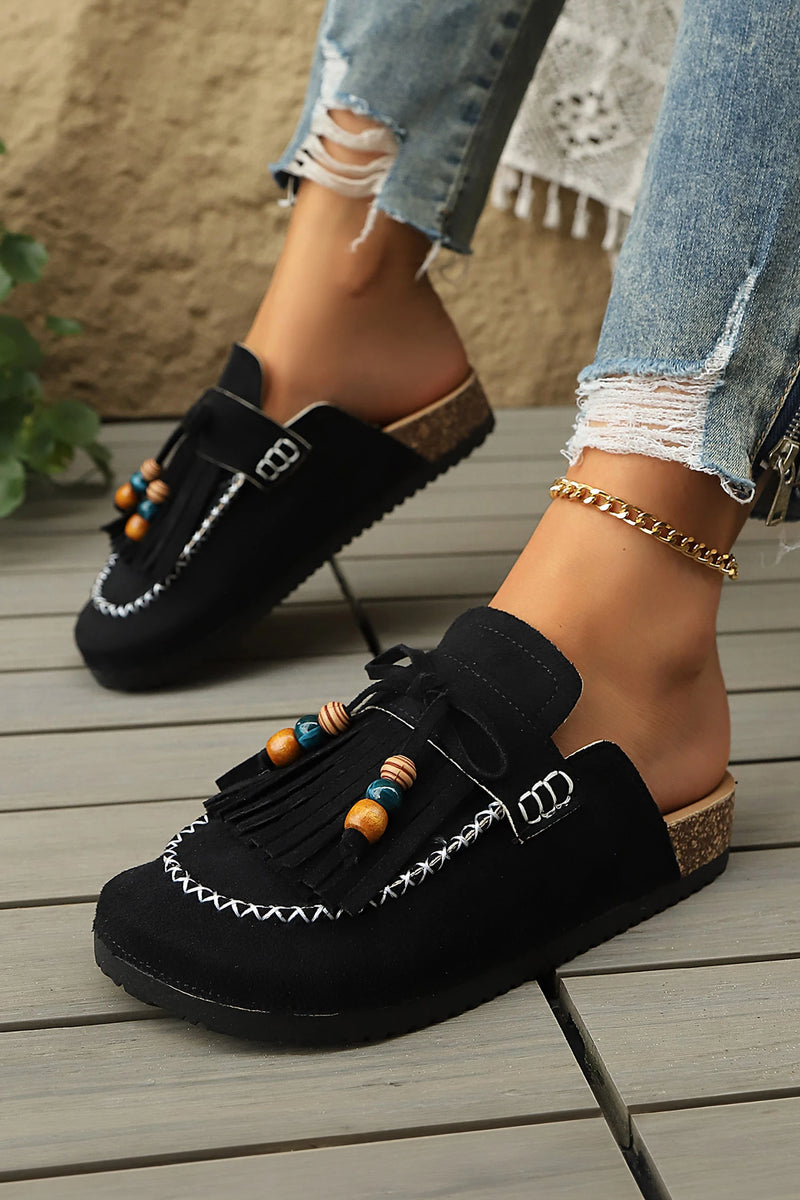 Load image into Gallery viewer, DLLSHOE 170 - Black Boho Fringed Suede Slip-on Loafers Square Toe Casual Slippers
