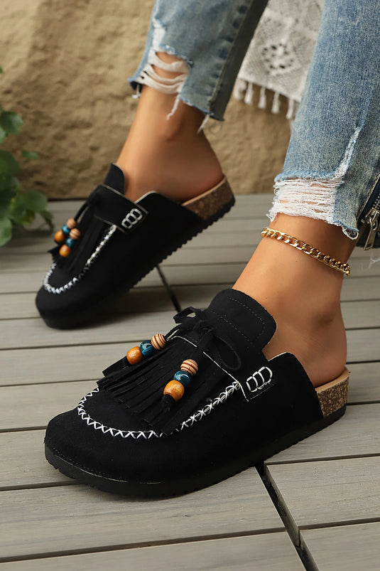 DLLSHOE 170 - Black Boho Fringed Suede Slip-on Loafers Square Toe Casual Slippers