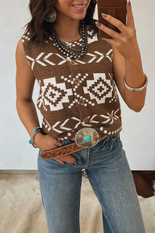 DLLS588 - Ladies Brown Southwestern Aztec Button Square Neck Sweater Vest