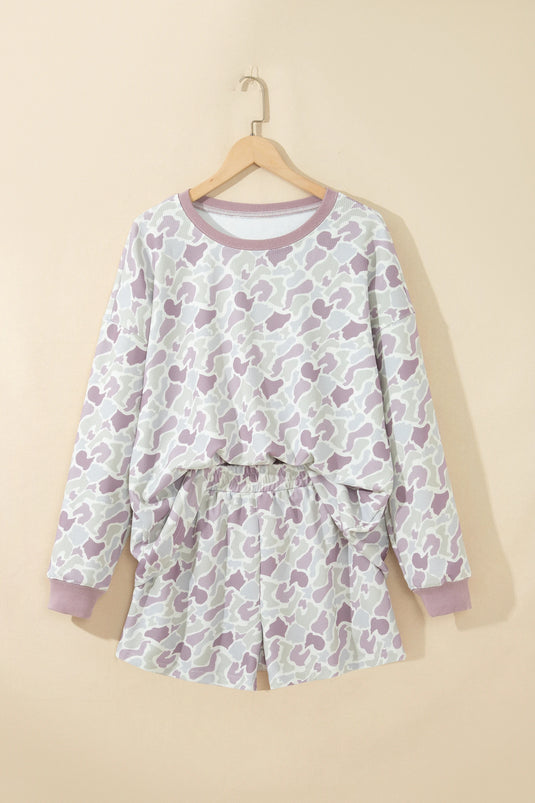 DLLS1049 - Ladies Green Camouflage Waffle Knit Long Sleeve Top Casual Shorts Set