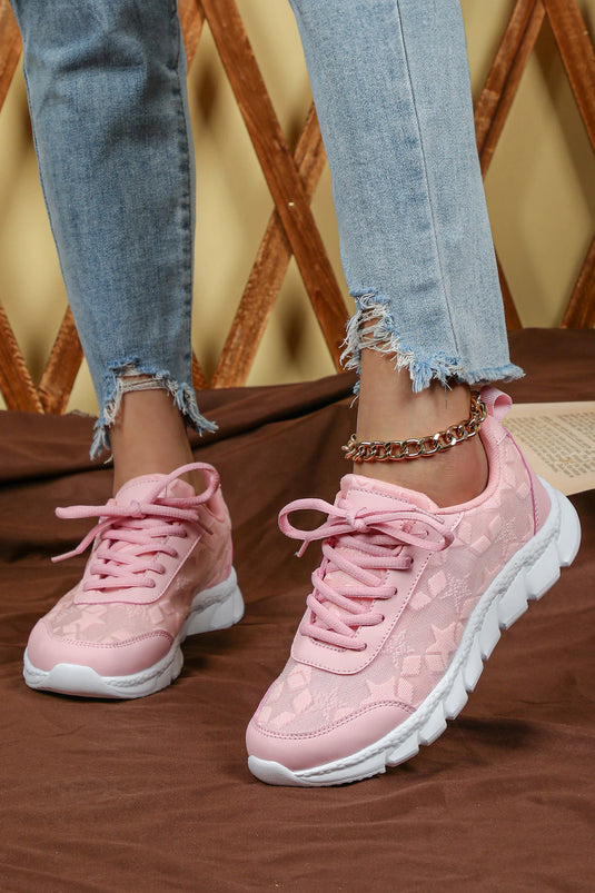 DLLSHOE 178 - Pink Boho Cute Pattern Lace-Up Rugged Sole Sporty Sneakers