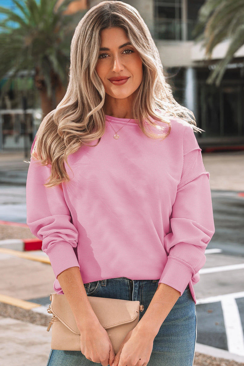 Load image into Gallery viewer, DLLS926 - Ladies Pink Horizontal Ribbed Exposed Seam Detail Drop Shoulder Baggy Pullover
