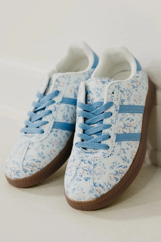 DLLSHOE 49 - Light Blue Floral Print Lace-Up PU Leather Flat Shoes