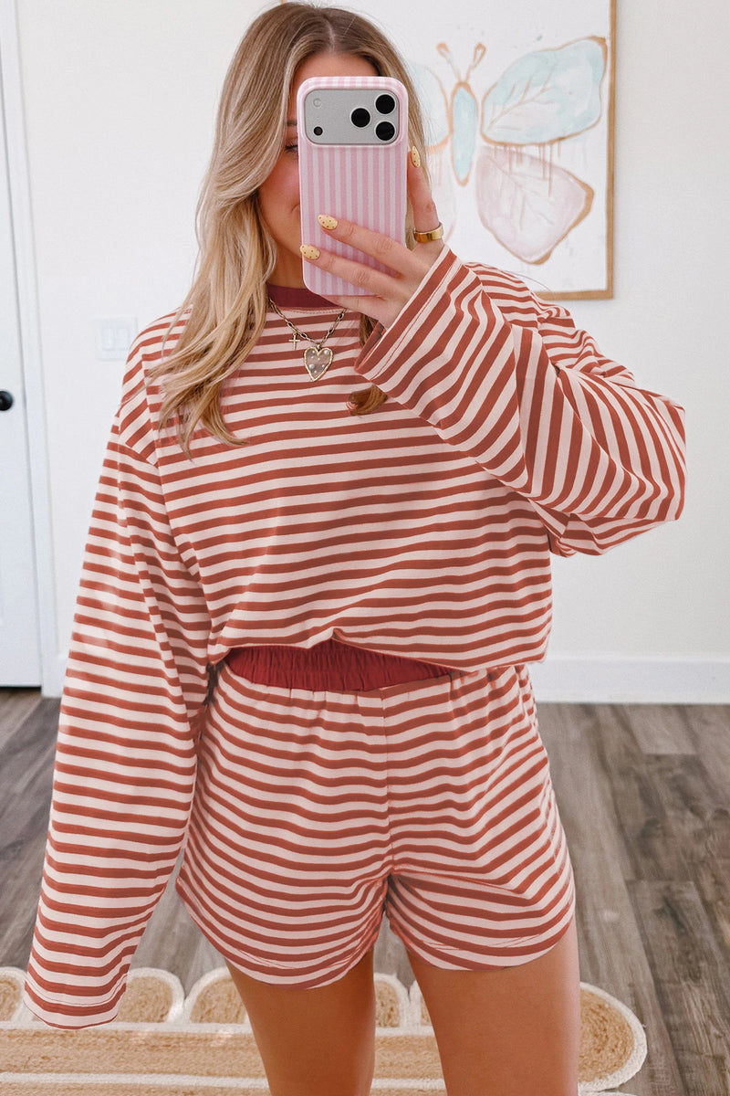 Load image into Gallery viewer, DLLS767 - Ladies Brown Stripe Long Sleeve Top Contrast Elastic Waistband Short Set
