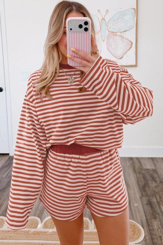 DLLS767 - Ladies Brown Stripe Long Sleeve Top Contrast Elastic Waistband Short Set