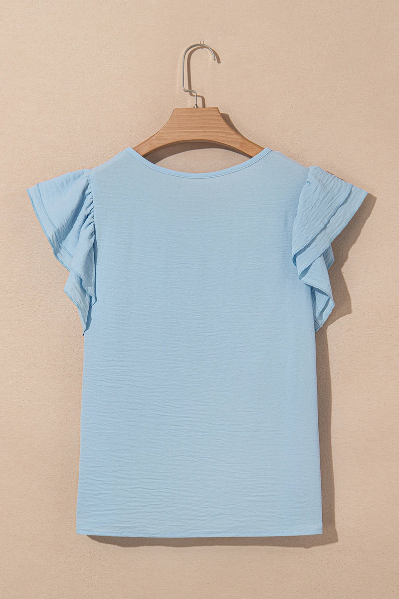 Load image into Gallery viewer, DLLS452 - Ladies Mist Blue Solid Color Ruffled Short Sleeve Casual Blouse
