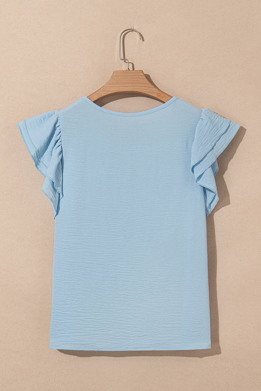 DLLS452 - Ladies Mist Blue Solid Color Ruffled Short Sleeve Casual Blouse