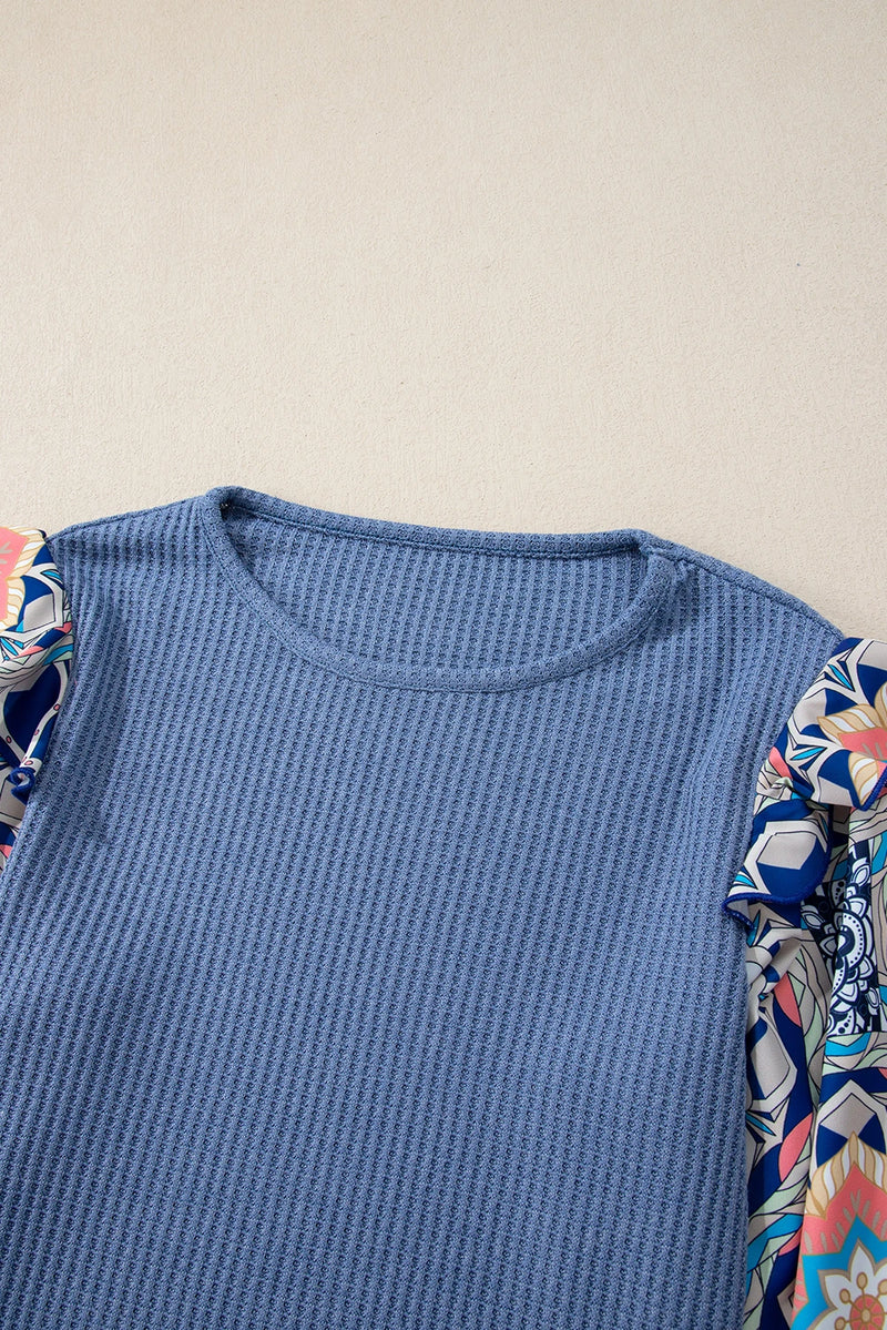 Load image into Gallery viewer, DLLS320 - Ladies Ashleigh Blue Ruffled Floral Sleeve Patchwork Waffle Knit O Neck Blouse
