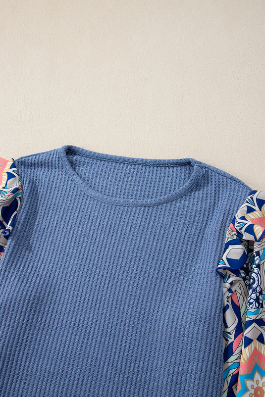 DLLS320 - Ladies Ashleigh Blue Ruffled Floral Sleeve Patchwork Waffle Knit O Neck Blouse