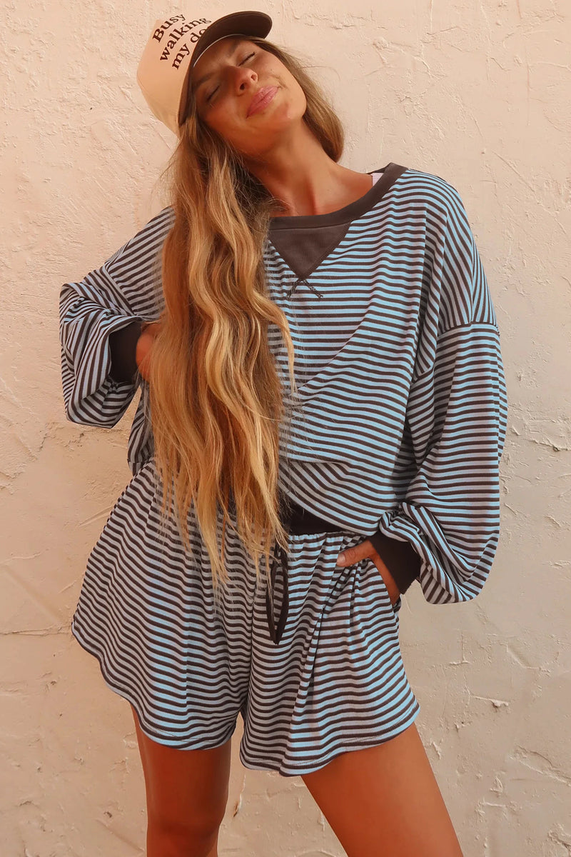 Load image into Gallery viewer, DLLS1083 - Ladies Brown Stripe Oversized Long Sleeve Top Drawstring Loose Shorts 2pcs Set
