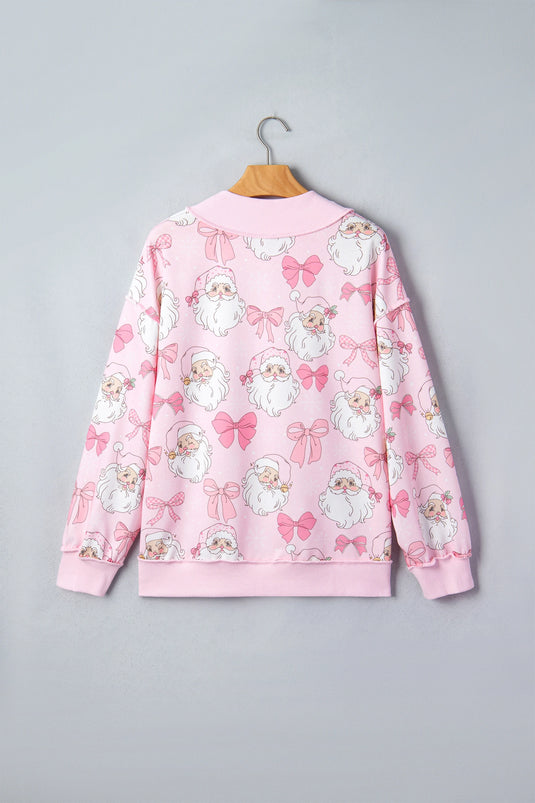 DLLS947 - Ladies Pink Abstract Santa Print Drop Shoulder High Neck Sweatshirt