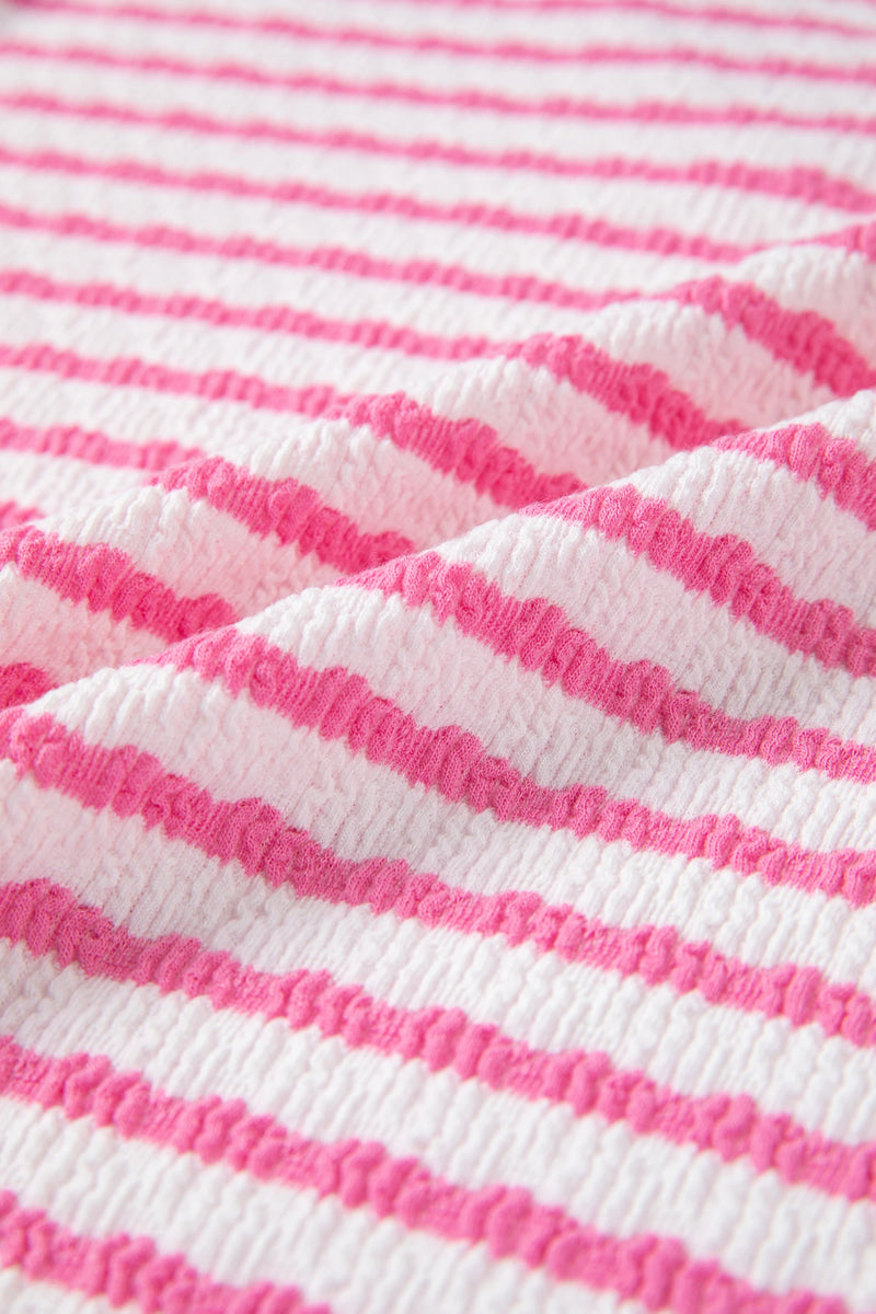 Load image into Gallery viewer, DLLS458 - Ladies Pink Stripe Textured Knit Contrast Trim V Neck Short Sleeve Top
